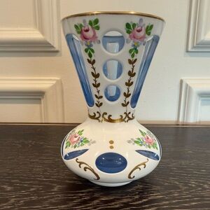 Bohemian Czech Hand Painted Blue & White Cased Cut Glass Pokal Goblet Vase